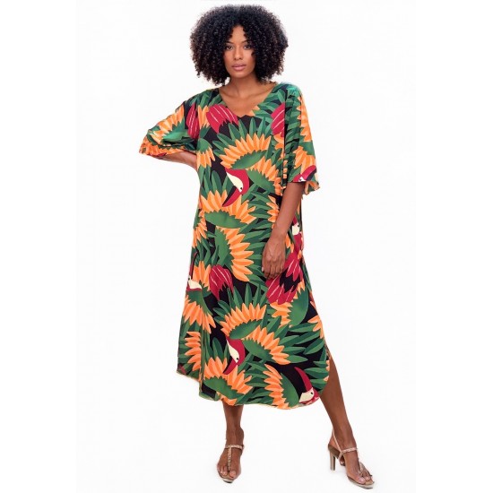 Vestido Midi Abapã Plano com Bolso Estampa Festa dos Tucanos