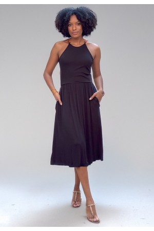 Vestido Midi  Jennifer Malha Trapézio com Bolso Preto
