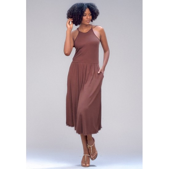 Vestido Midi Jennifer Malha Trapézio com Bolso Marrom