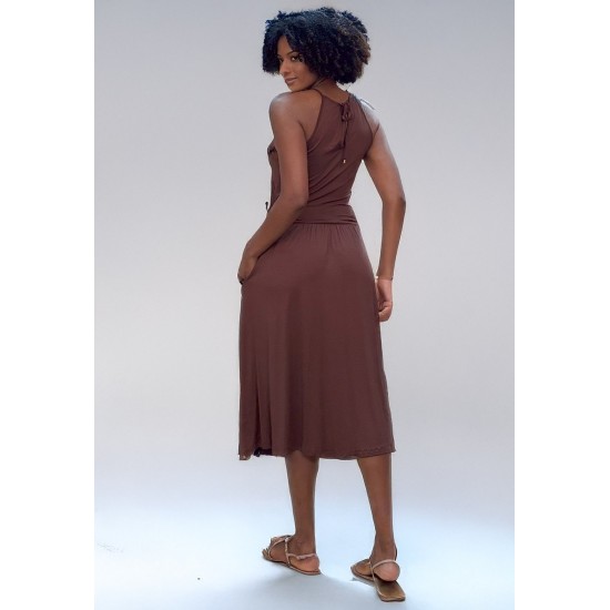 Vestido Midi Jennifer Malha Trapézio com Bolso Marrom