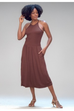 Vestido Midi Jennifer Malha Trapézio com Bolso Marrom