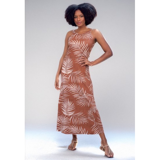 Vestido Longo Malha Trapézio Estampa Palmas Terra