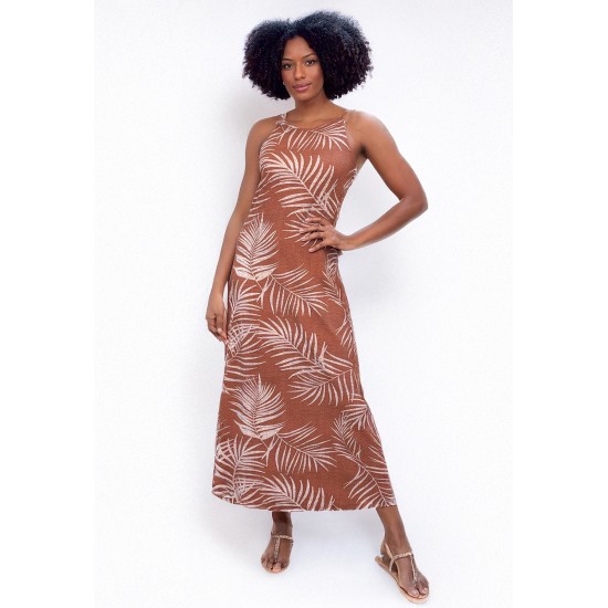 Vestido Longo Malha Trapézio Estampa Palmas Terra