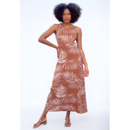 Vestido Longo Malha Trapézio Estampa Palmas Terra