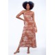 Vestido Longo Malha Trapézio Estampa Palmas Terra