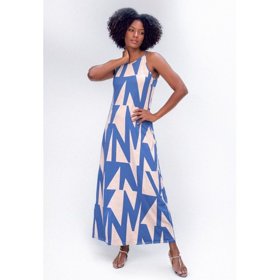 Vestido Longo Malha Trapézio Estampa Geométrico Blue