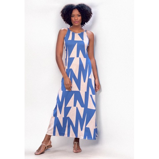 Vestido Longo Malha Trapézio Estampa Geométrico Blue