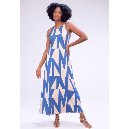 Vestido Longo Malha Trapézio Estampa Geométrico Blue