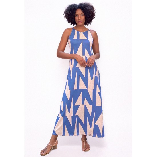 Vestido Longo Malha Trapézio Estampa Geométrico Blue
