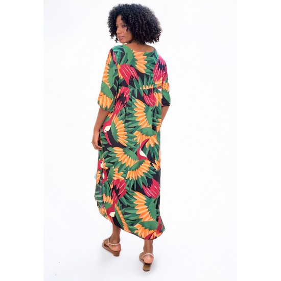 Vestido Midi Abapã Plano com Bolso Estampa Festa dos Tucanos
