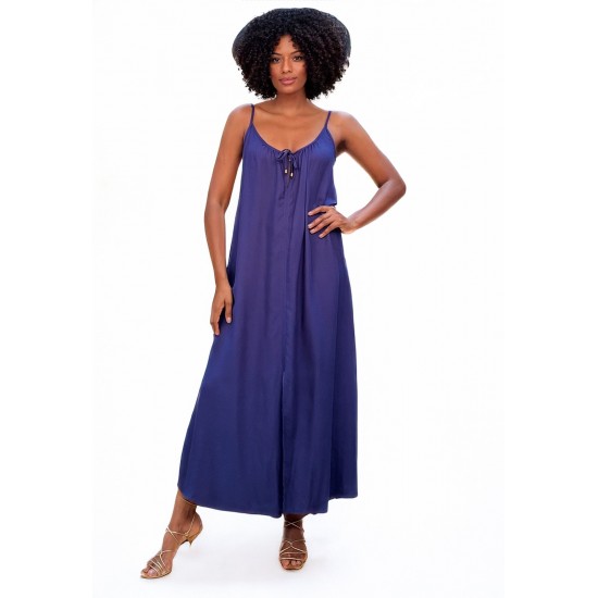 Vestido Longo Caçuá Viscose Alça Fina Azul Marinho