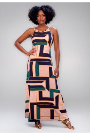 Vestido Longo Malha Trapézio Estampa Chapada de Areia