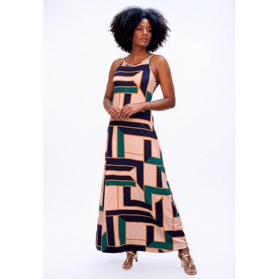 Vestido Longo Malha Trapézio Estampa Chapada de Areia