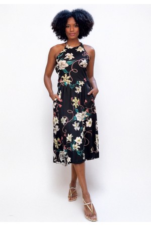 Vestido Midi  Jennifer Malha Trapézio com Bolso Estampa Preto Floral