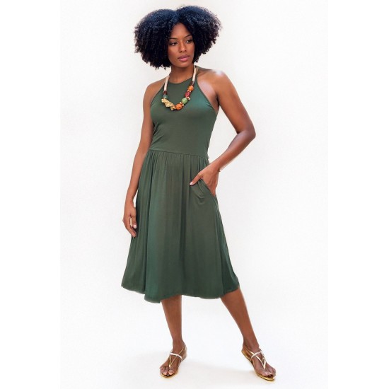 Vestido Midi  Jennifer Malha Trapézio com Bolso Verde Musgo