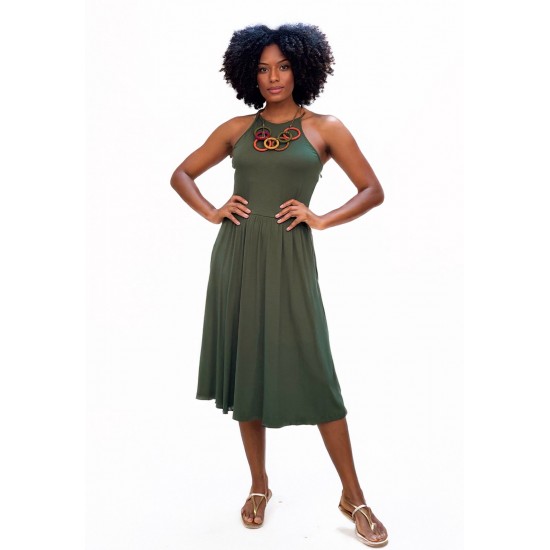 Vestido Midi  Jennifer Malha Trapézio com Bolso Verde Musgo