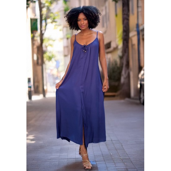Vestido Longo Caçuá Viscose Alça Fina Azul Marinho