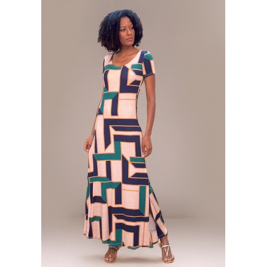 Vestido Longo Malha Gola Canoa Manga Curta Estampa Chapada de Areia