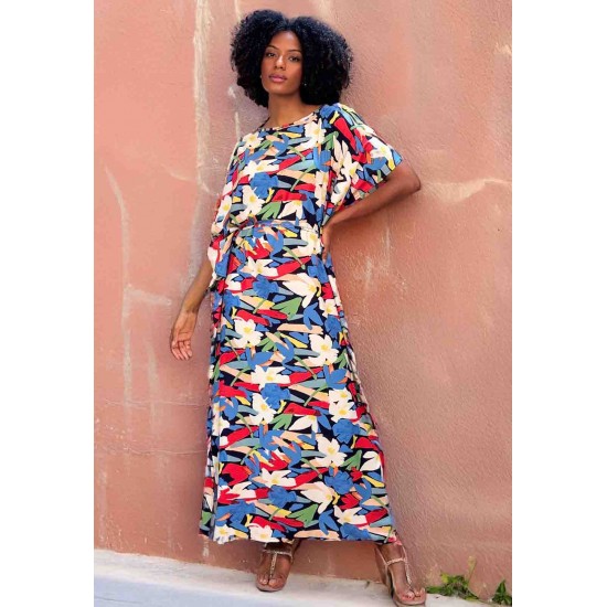 Vestido Kaftan Viscose Longo Estampa Floresce