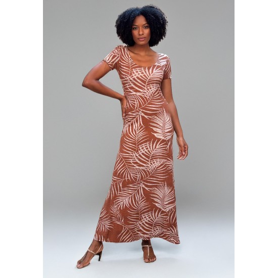 Vestido Longo Malha Gola Canoa Manga Curta Estampa Palmas Terra