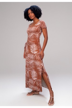 Vestido Longo Malha Gola Canoa Manga Curta Estampa Palmas Terra