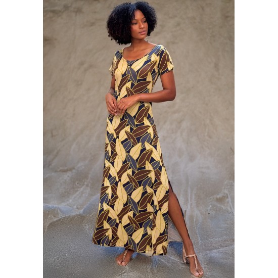 Vestido Longo Malha Gola Canoa Manga Curta Estampa Folhas de Outono