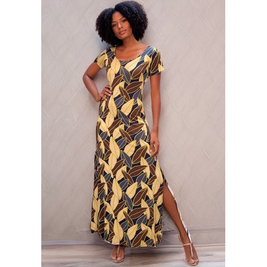 Vestido Longo Malha Gola Canoa Manga Curta Estampa Folhas de Outono