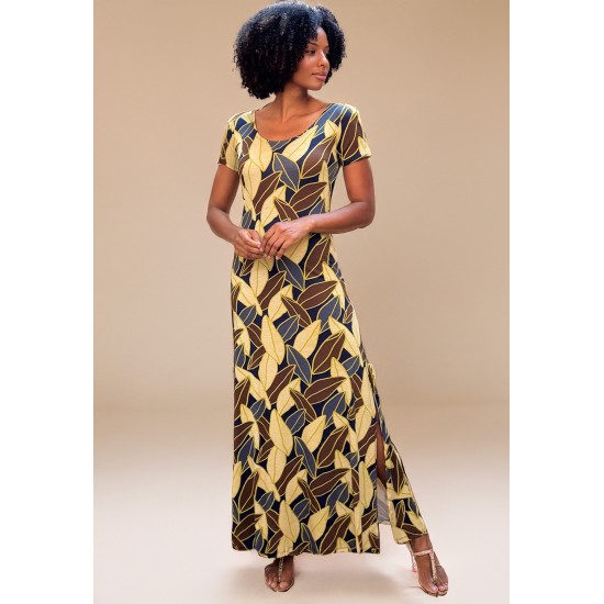 Vestido Longo Malha Gola Canoa Manga Curta Estampa Folhas de Outono