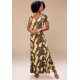 Vestido Longo Malha Gola Canoa Manga Curta Estampa Folhas de Outono