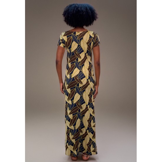 Vestido Longo Malha Gola Canoa Manga Curta Estampa Folhas de Outono