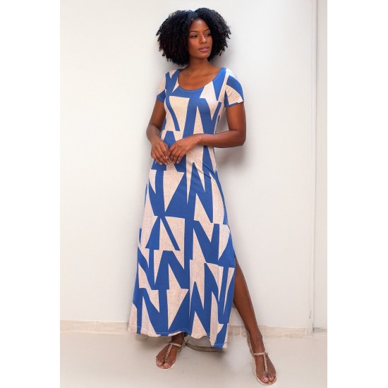Vestido Longo Malha Gola Canoa Manga Curta Geométrico Blue