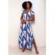Vestido Longo Malha Gola Canoa Manga Curta Geométrico Blue