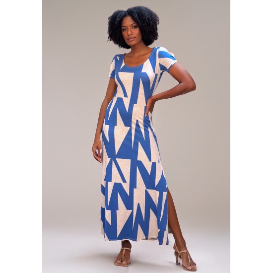 Vestido Longo Malha Gola Canoa Manga Curta Geométrico Blue