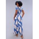 Vestido Longo Malha Gola Canoa Manga Curta Geométrico Blue