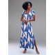 Vestido Longo Malha Gola Canoa Manga Curta Geométrico Blue
