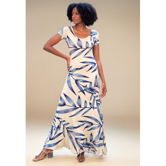 Vestido Longo Malha Gola Canoa Manga Curta Bambu Azul