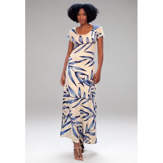 Vestido Longo Malha Gola Canoa Manga Curta Bambu Azul