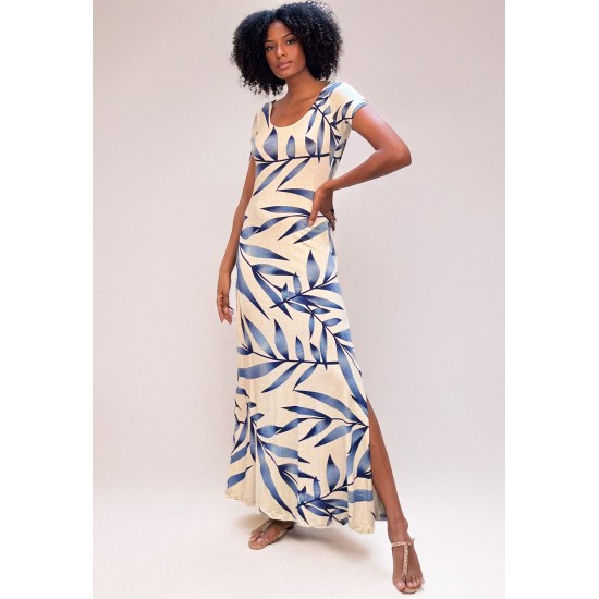 Vestido Longo Malha Gola Canoa Manga Curta Bambu Azul