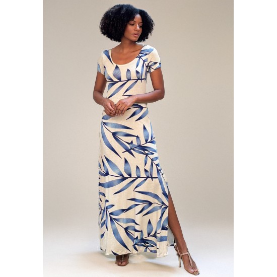 Vestido Longo Malha Gola Canoa Manga Curta Bambu Azul