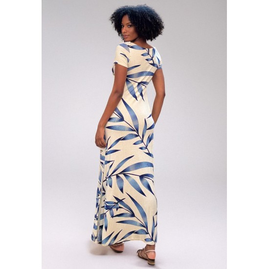 Vestido Longo Malha Gola Canoa Manga Curta Bambu Azul