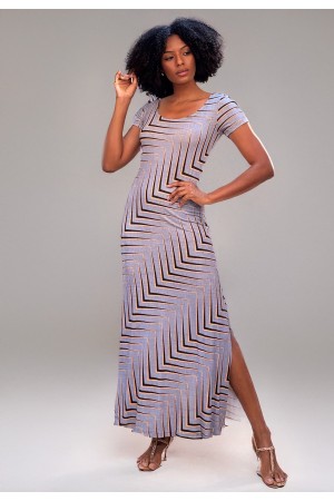Vestido Longo Malha Gola Canoa Manga Curta Estampa Murici