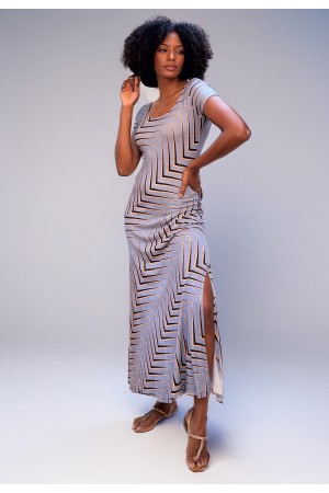 Vestido Longo Malha Gola Canoa Manga Curta Estampa Murici