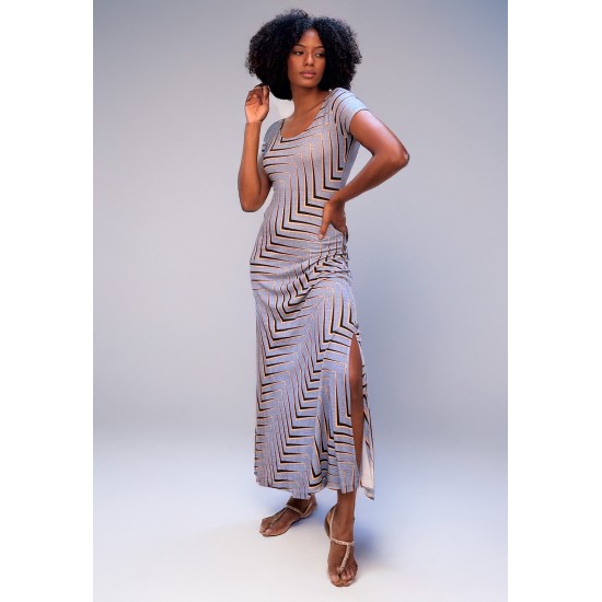 Vestido Longo Malha Gola Canoa Manga Curta Estampa Murici
