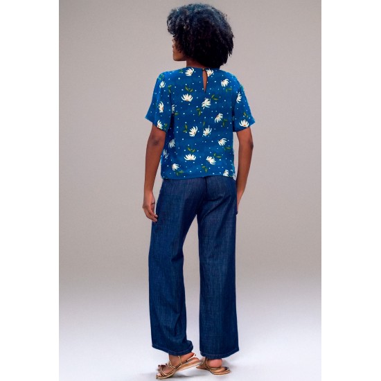 Blusa Gola V Manga Ampla Curta Estampa Azul Florido