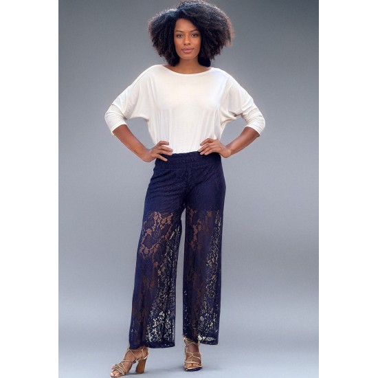 Calça Renda Transparente Floral Azul Marinho