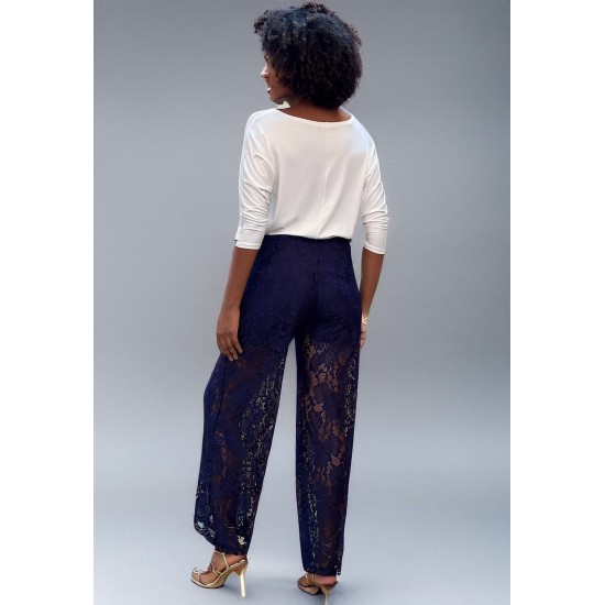 Calça Renda Transparente Floral Azul Marinho