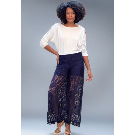 Calça Renda Transparente Floral Azul Marinho
