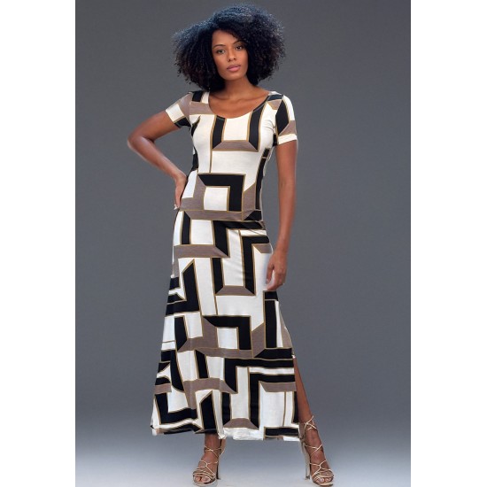 Vestido Longo Malha Gola Canoa Manga Curta Estampa Igaci