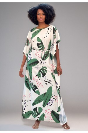 Vestido Kaftan Viscose Longo Estampa Folhagem Poética