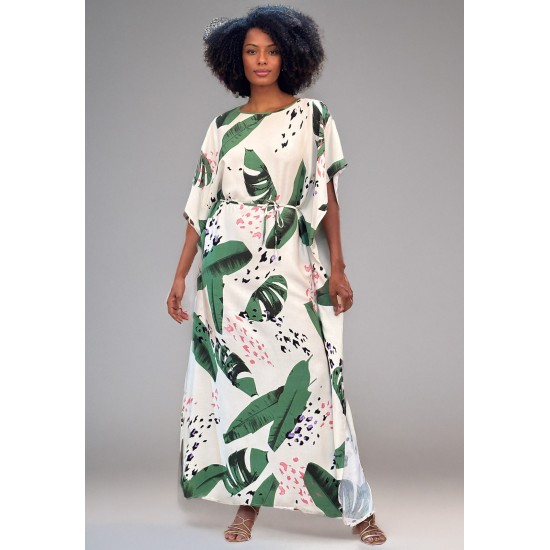 Vestido Kaftan Viscose Longo Estampa Folhagem Poética